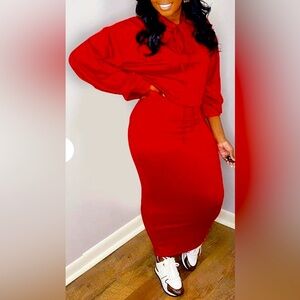 Brand New, never worn Pullover hoodie skirt set. Beautiful red. Size Large.